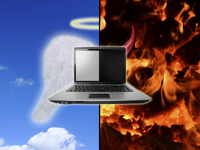 Laptop half like an angel and half in hell
