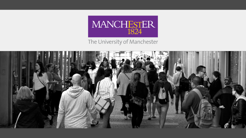 People walking, the University of Manchester logo