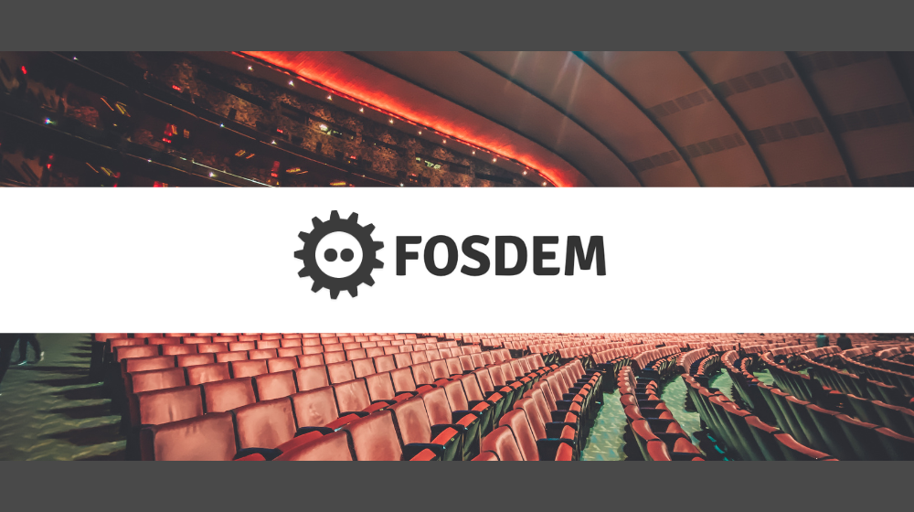 A theatre room, the FOSDEM logo on top
