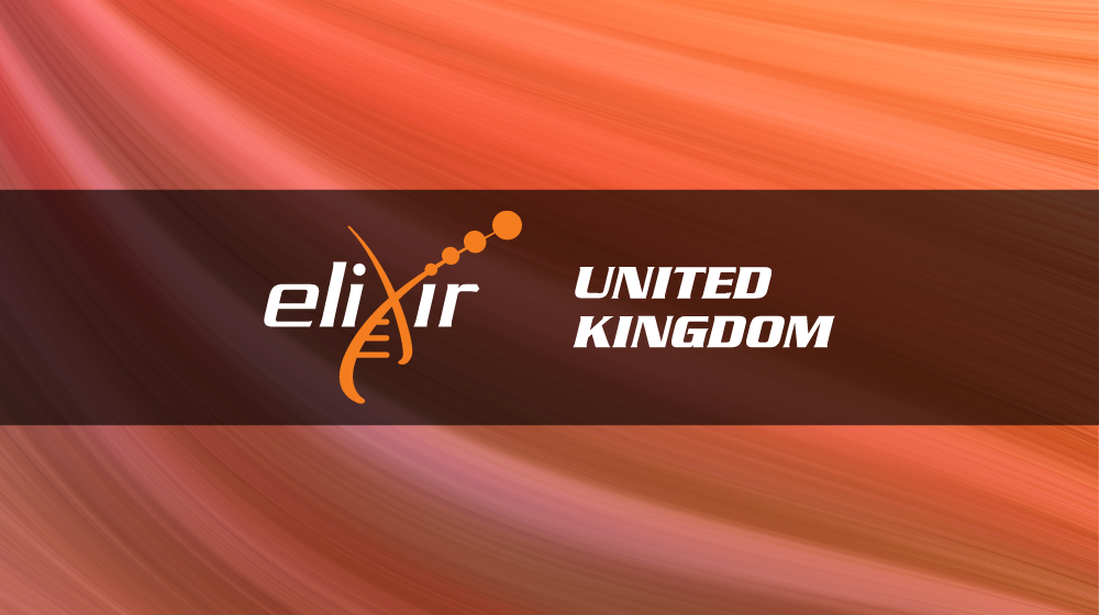 ELIXIR UK logo on an abstract orange background
