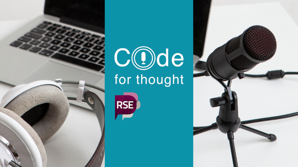 Code For Thought logo, a microphone, headset and laptop