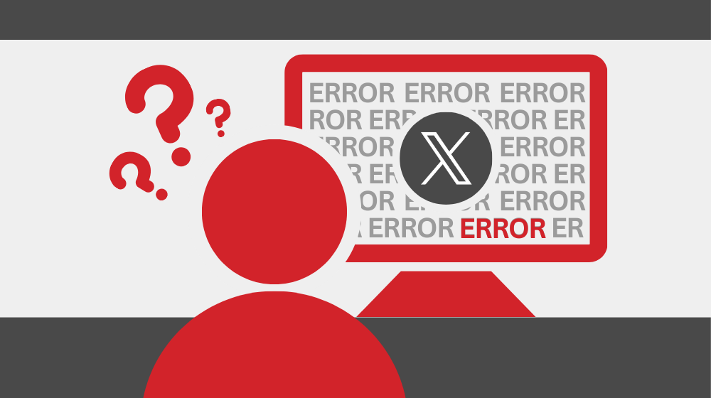 A red figure looking quizzically at a computer screen with the X logo and an error message