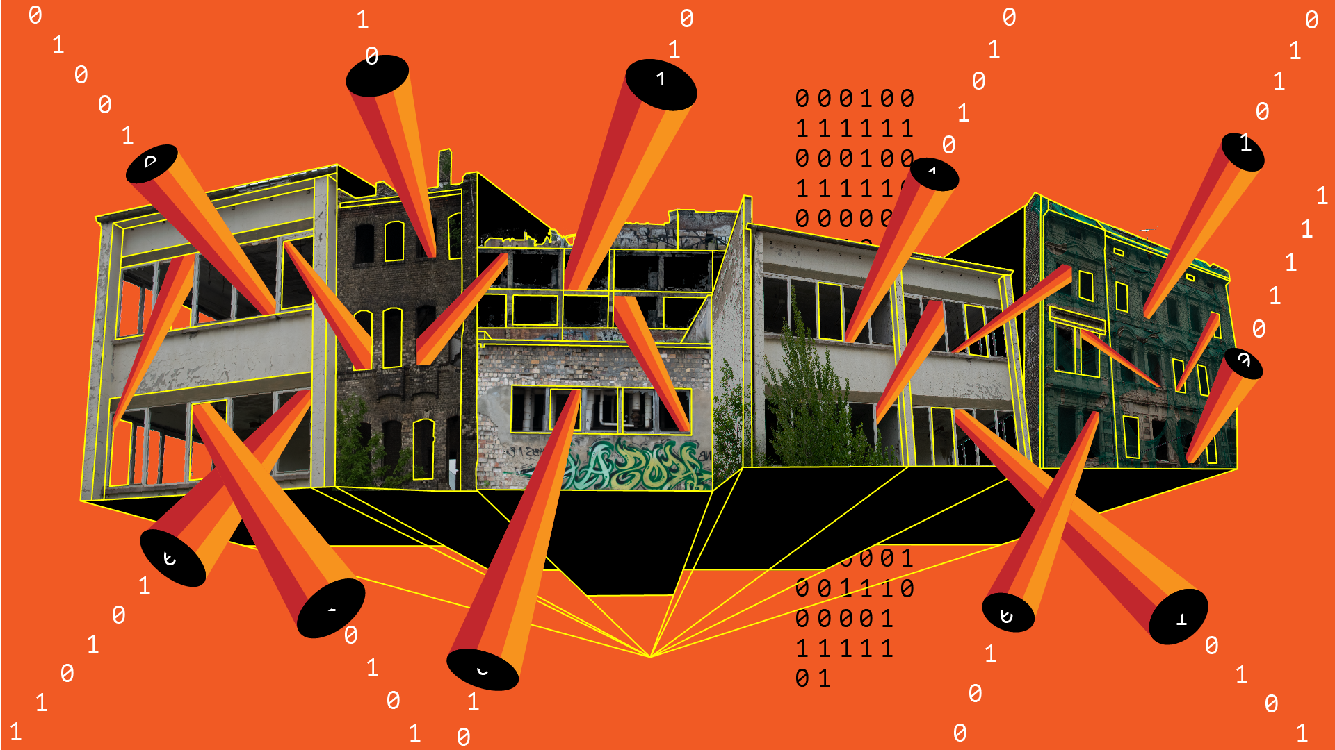 A dilapidated grey building is seen as in a 3D plan against a bright red background. 0s and 1s represent data streaming out of the windows and gaps in the roof.