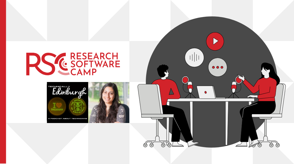 RSC logo, two people recording a podcast, the Technically Edinburgh logo, Selina Aragon