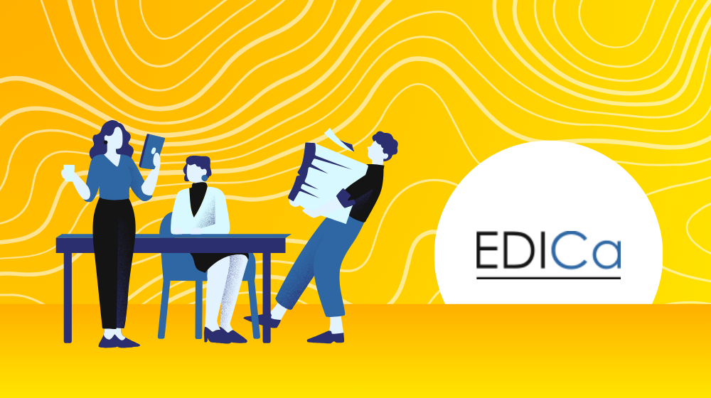 EDICa logo, people working at a desk