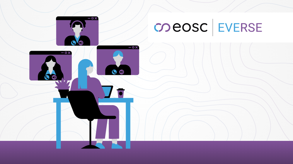EOSC EVERSE logo, a person sitting at their desk, three online call windows