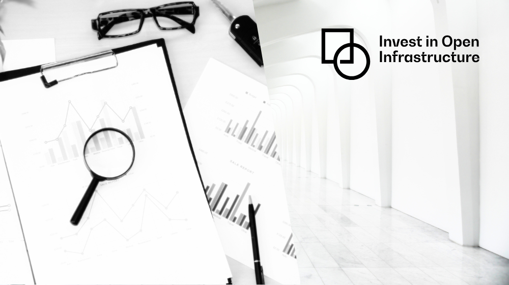 Invest in Open Infrastructure logo, a report with a looking glass and a long white corridor