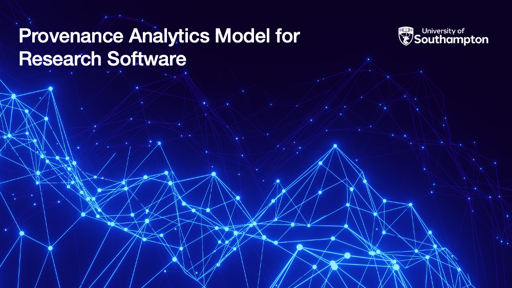 Provenance Analytics Model for Research Software, University of Southampton logo, an abstract background