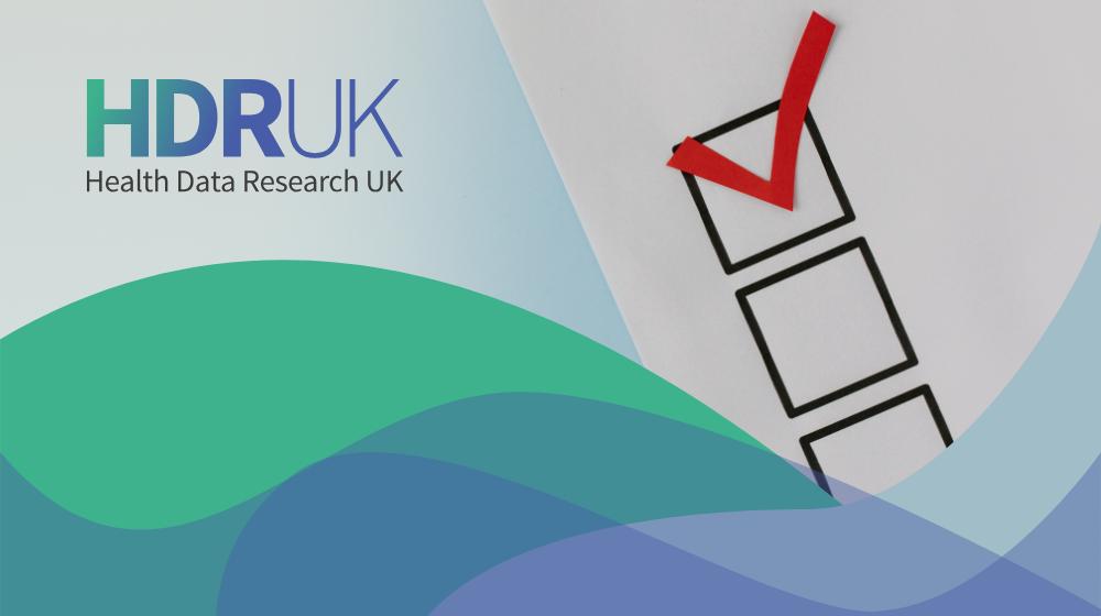 HDRUK logo, survey boxes, waves