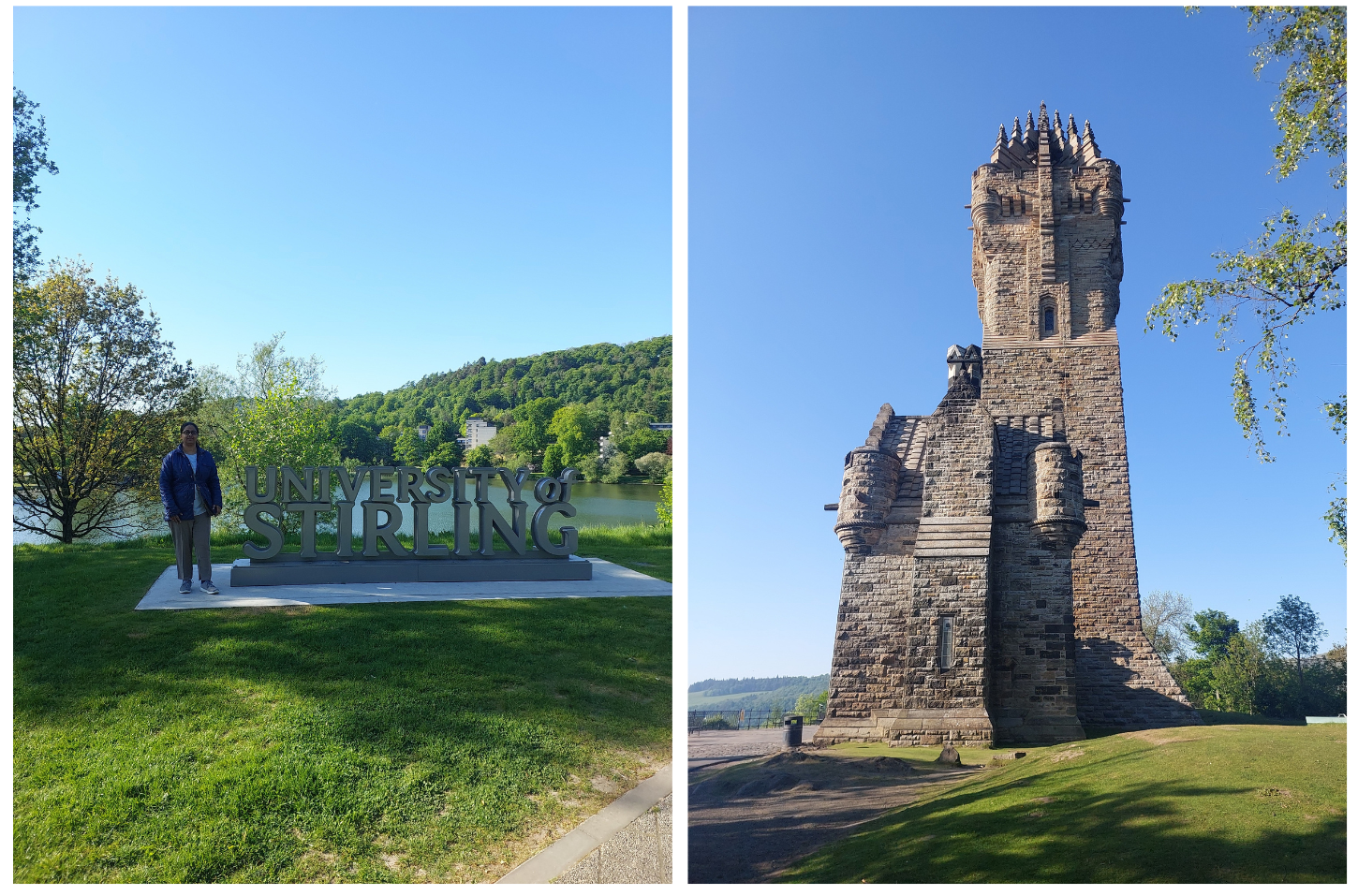 Jyoti Bhogal in the backdrop of the ‘University of Stirling’ and the centrally located Airthrey Loch; The William Wallace Monument, also known as the National Wallace Monument, located on the Abbey Craig in Stirling, Scotland