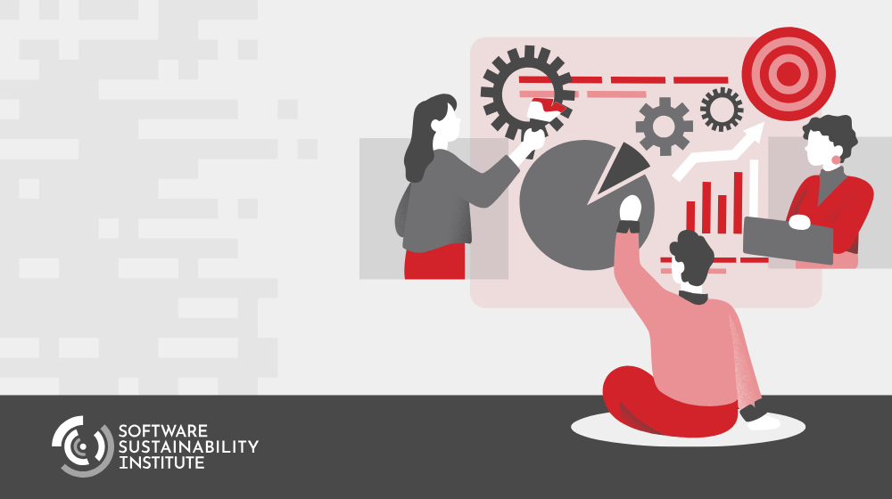A person sitting and analysing data, the SSI logo