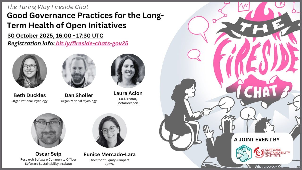 Banner with three speakers and two chairs for the Turing Way/SSI Fireside chat of Good Governance Practices for the long term health of Open Initiatives. 