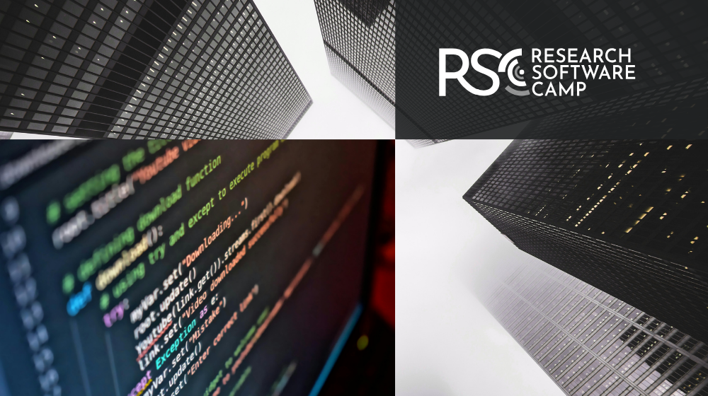 RSC logo, skyscrapers, a computer screen with code