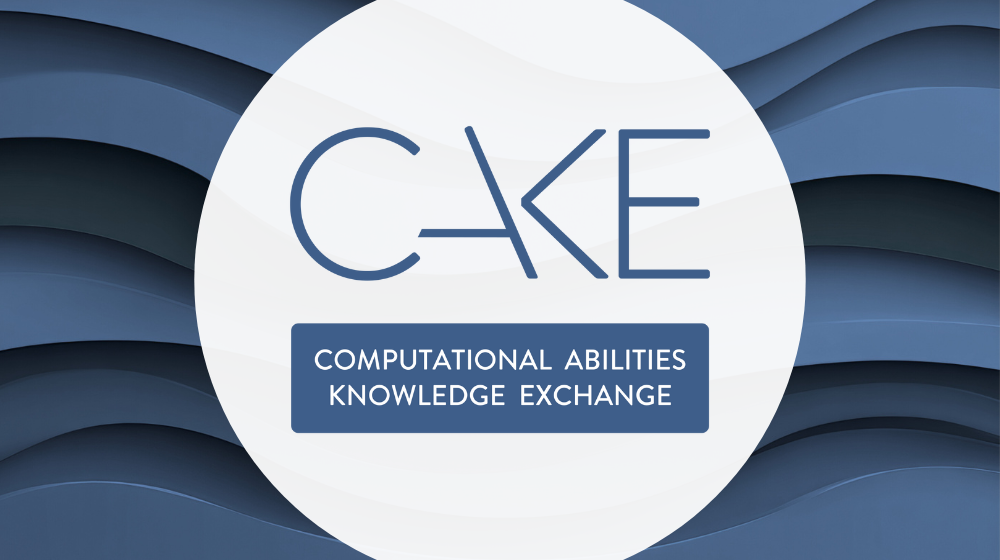 CAKE logo on an abstract blue background