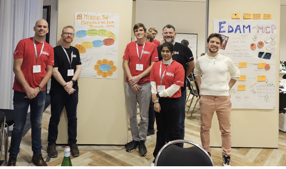 Image of a group of people standing in front of two boards with post its on them