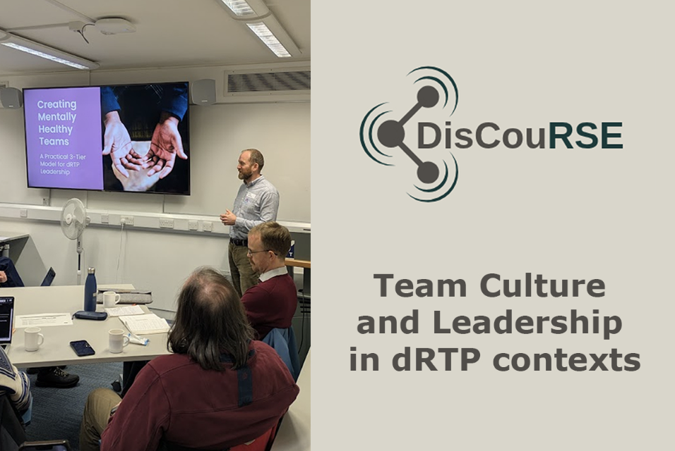 Image of a man presenting with on the right a banner saying: Team culture and leadership in dRTP context