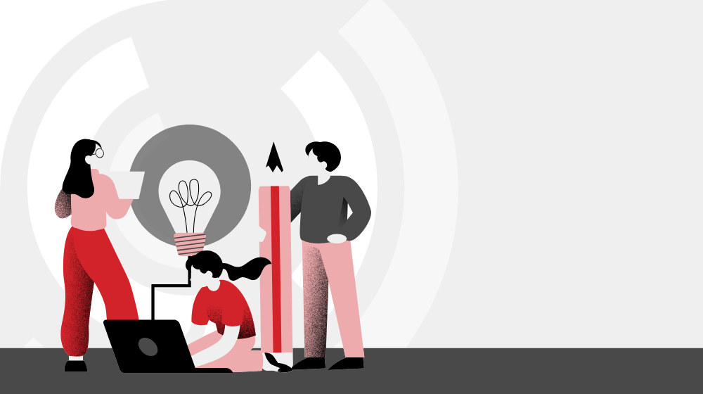 Three people brainstorming and writing, the SSI Icon in the back