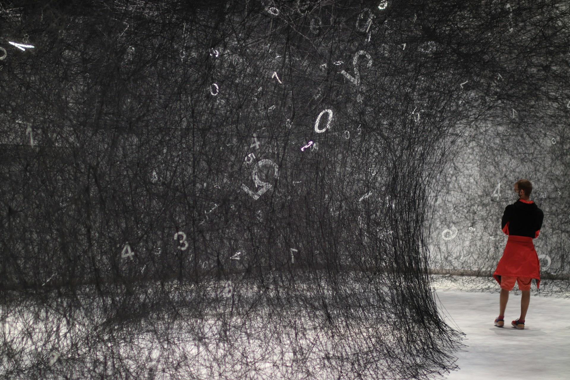 image of woman walking through a forest of data
