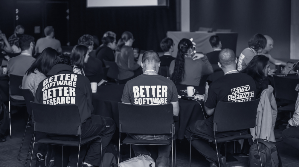Three people waring Better Software Better Research t-shirts