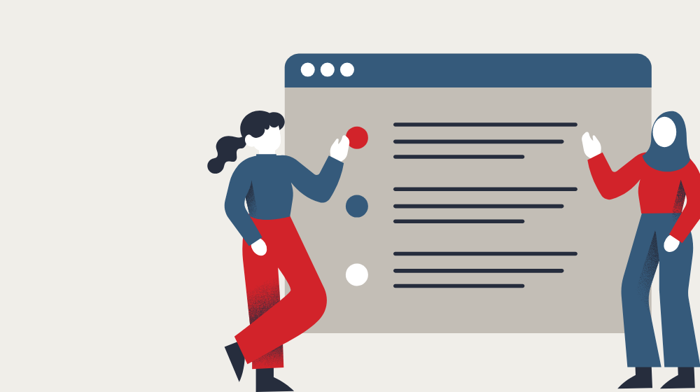 Two people pointing at a info card