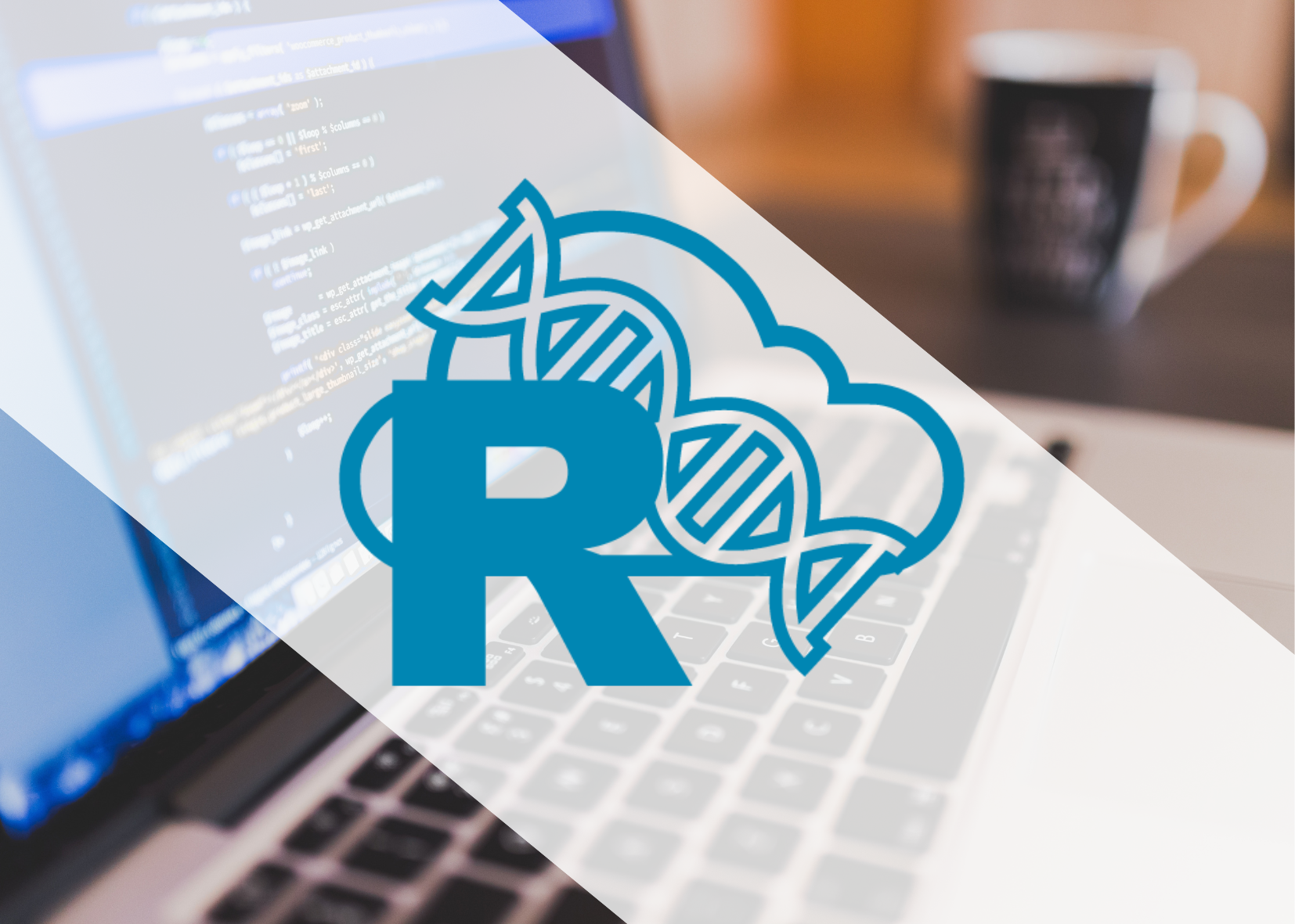 Cloud Span R icon in blue, a laptop with coding in the background