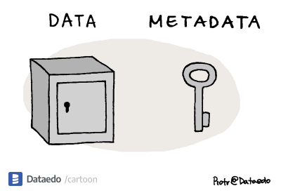 cartoon of lock saying data and key saying metadata
