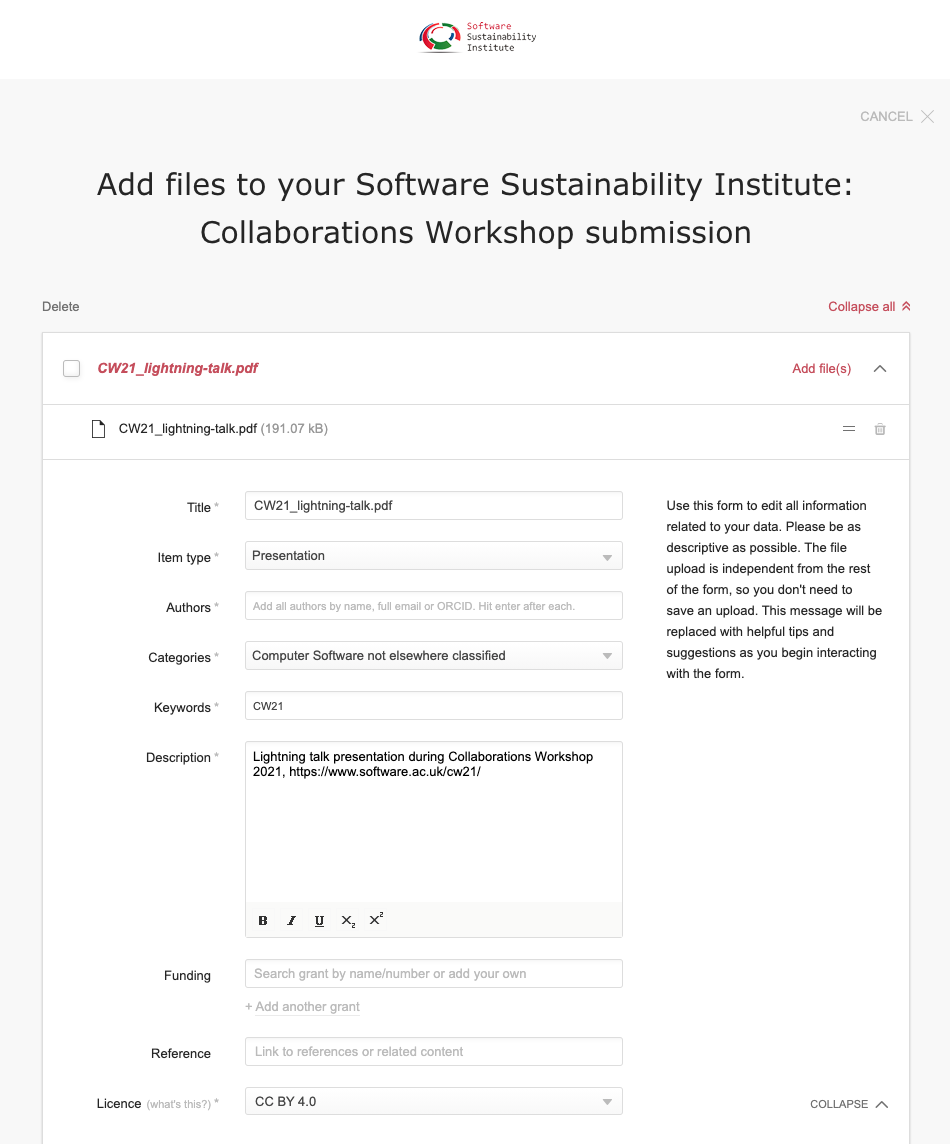 Screenshot of CW21 Figshare conference portal submission form inputs.