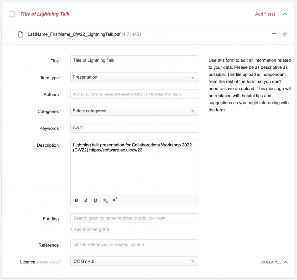 Screenshot of CW21 Figshare conference portal submission form inputs.