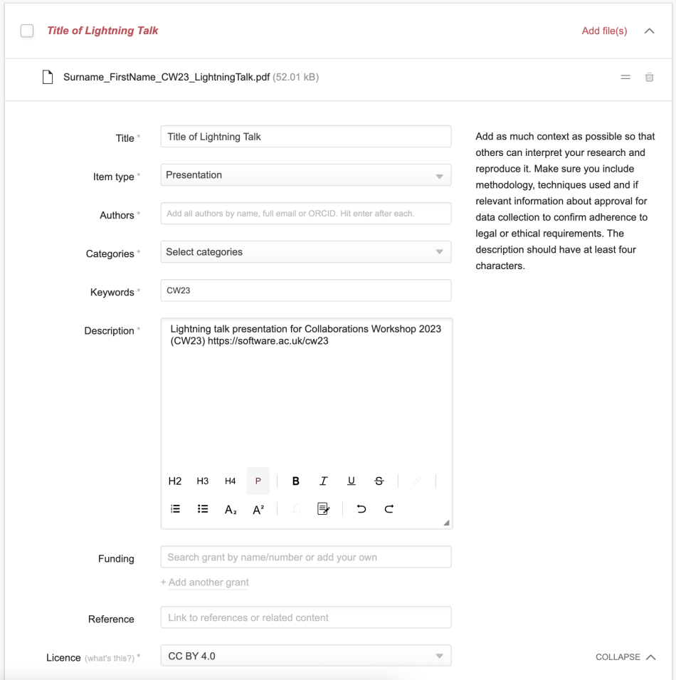 Screenshot of CW23 Figshare conference portal submission form inputs.