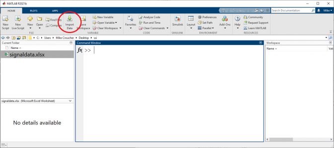 screenshot of matlab with import data button highlighted