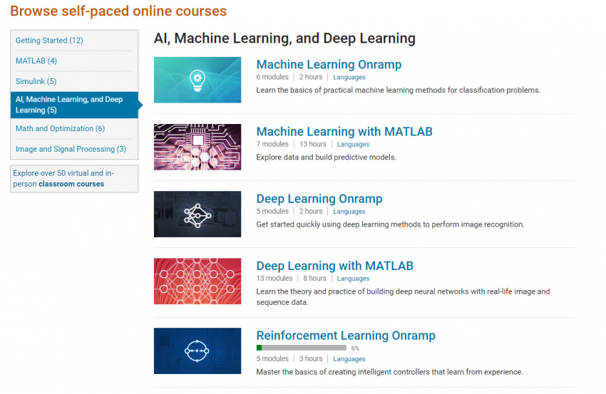 screenshot of self-paced learning courses
