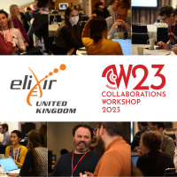 ELIXIR-UK and CW23 logos surrounded by pictures from the conference