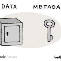 cartoon of lock saying data and key saying metadata