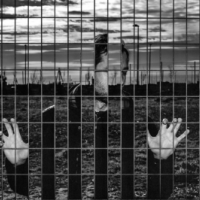 Artistic photo of a man trapped behind a fence