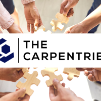 The Carpentries logo and a group of hands putting together a wooden jigsaw puzzle