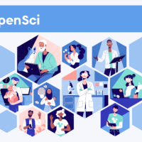 rOpenSci logo on a blue background, stylised graphics of people enclosed within hexagons
