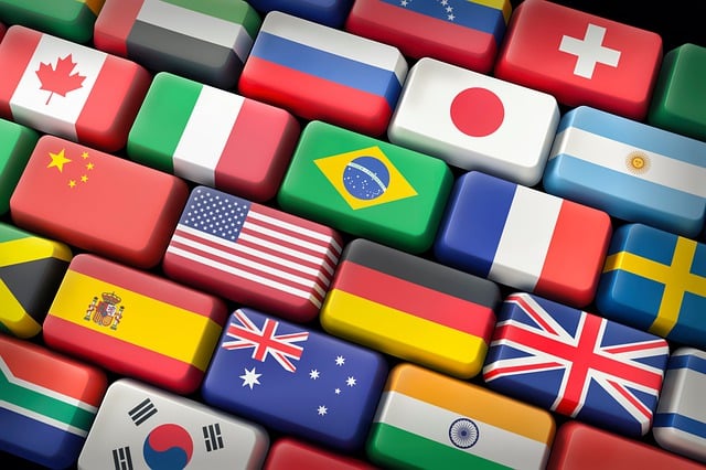 A series of international flags arranged like the buttons of a keyboard.